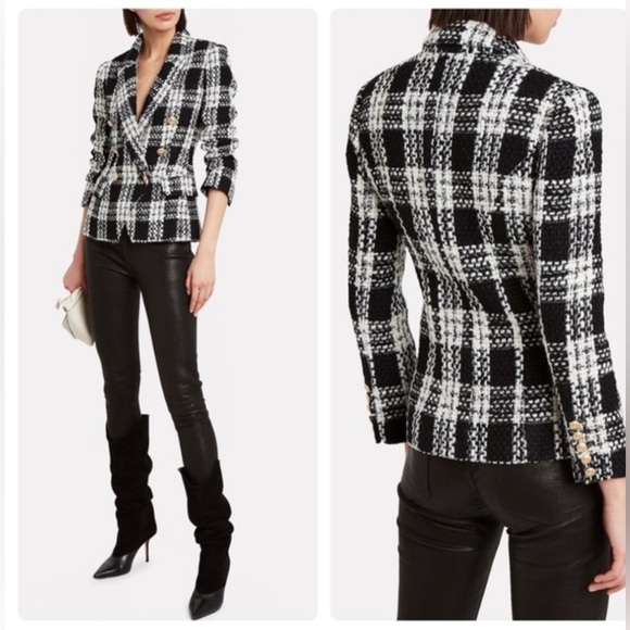 L’Agence Kenzie tweed double breasted blazer jacket ivory black